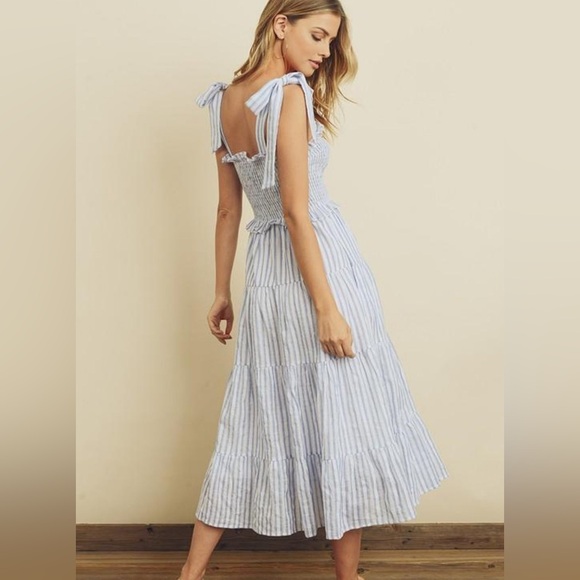 Dress Forum White and Blue Striped Textured Shoulder Tie Dress - Picture 3 of 10